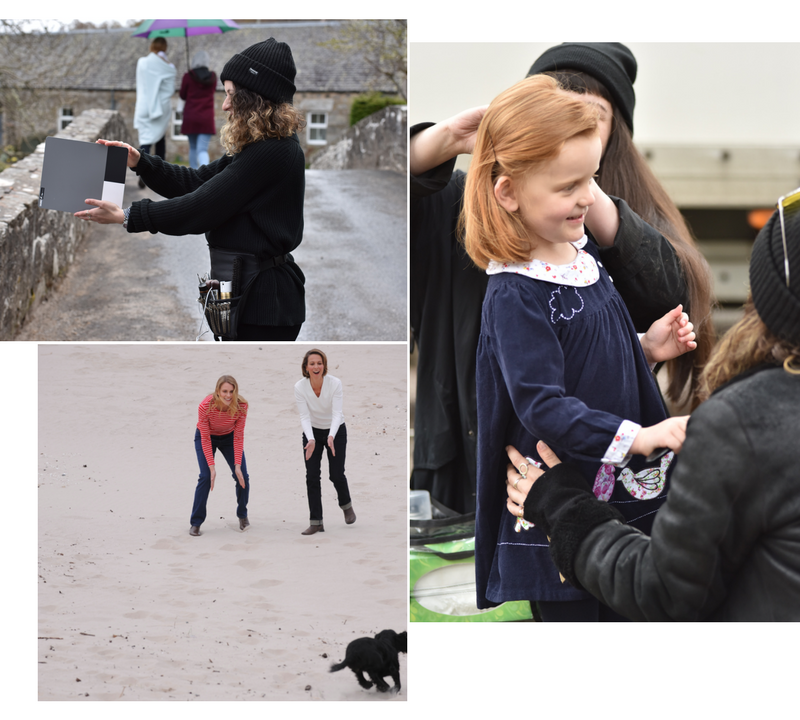 Catalogue shoot 2017 makeup artist, redhead child model, models laughing on beach with cocker spaniel