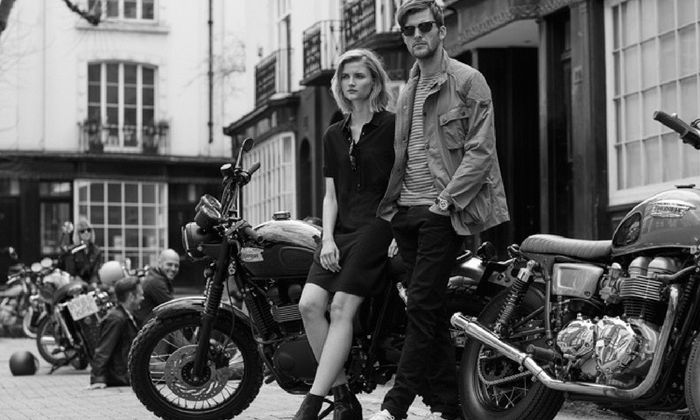 Barbour International image, couple sitting on motorcycles black and white rock feel