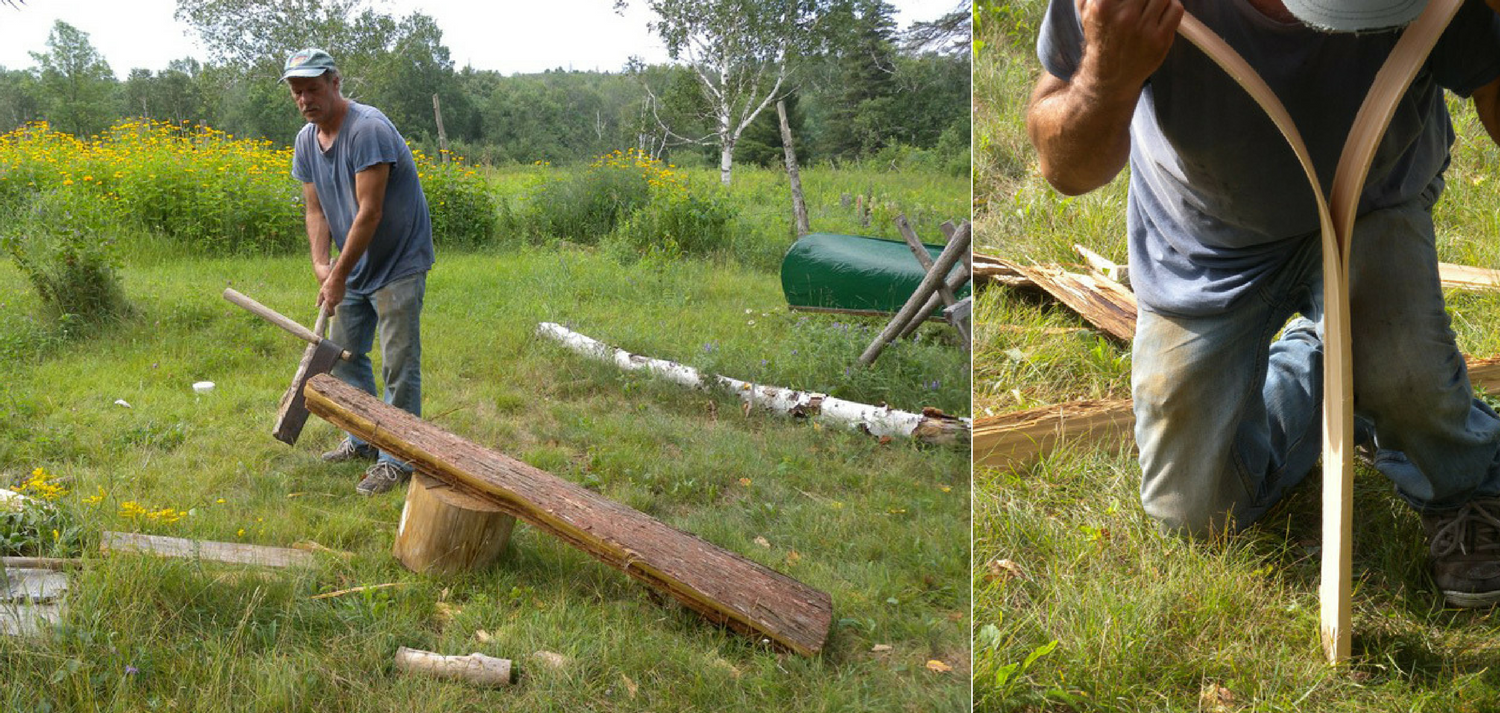 Natural birch canoe crafted by Tom Byers in Canada splitting wood