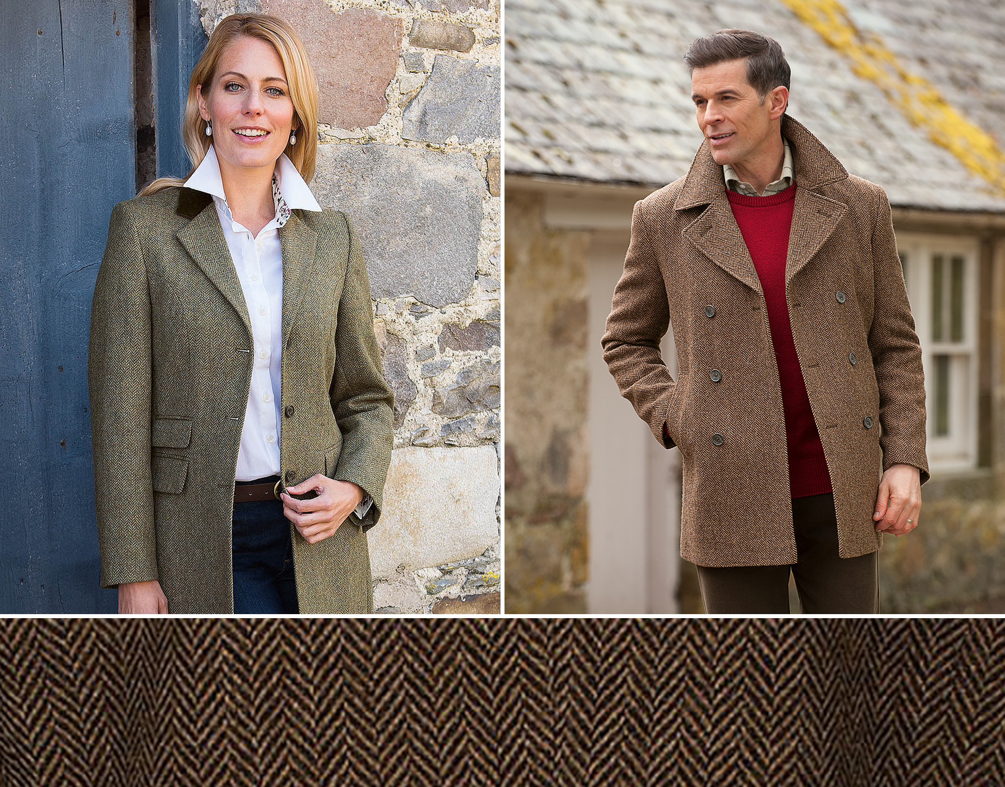 Pure new wool British Tweed herringbone country fashion Cheltenham jacket and peacoat