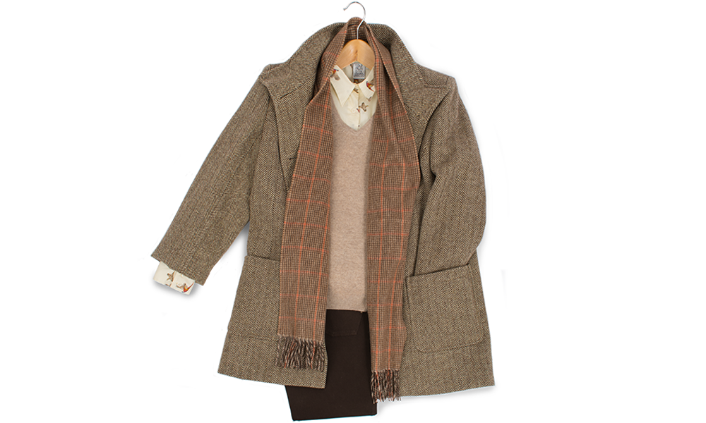 classic country fashion tweed jacket peacoat with country pattern cotton shirt cashmere vneck sweater and scottish cashmere scarf
