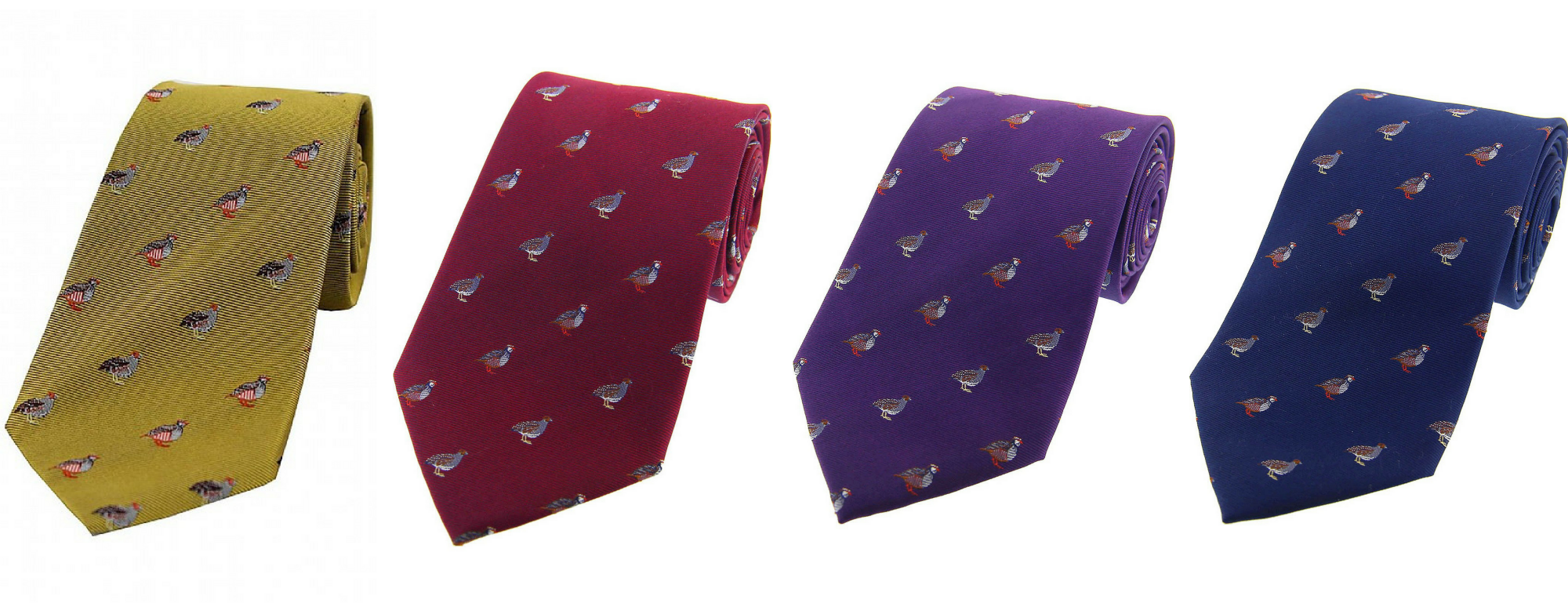 silk partridge ties in yellow, red, purple and navy