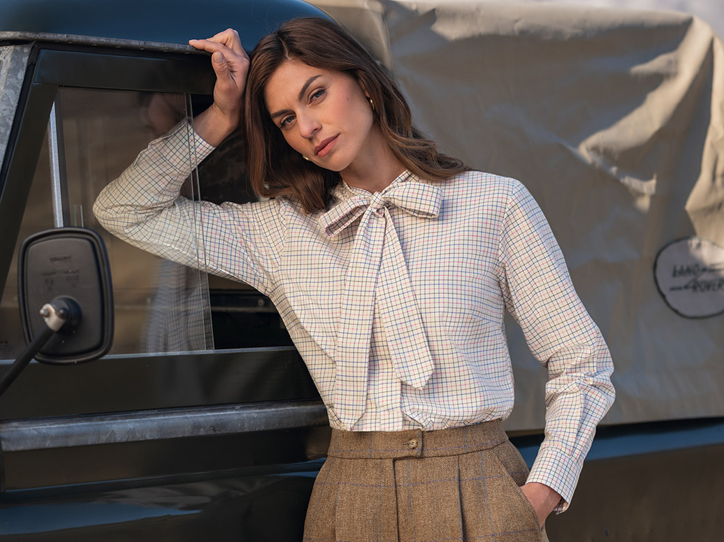 Ladies Tie Bow Tattersall Shirt