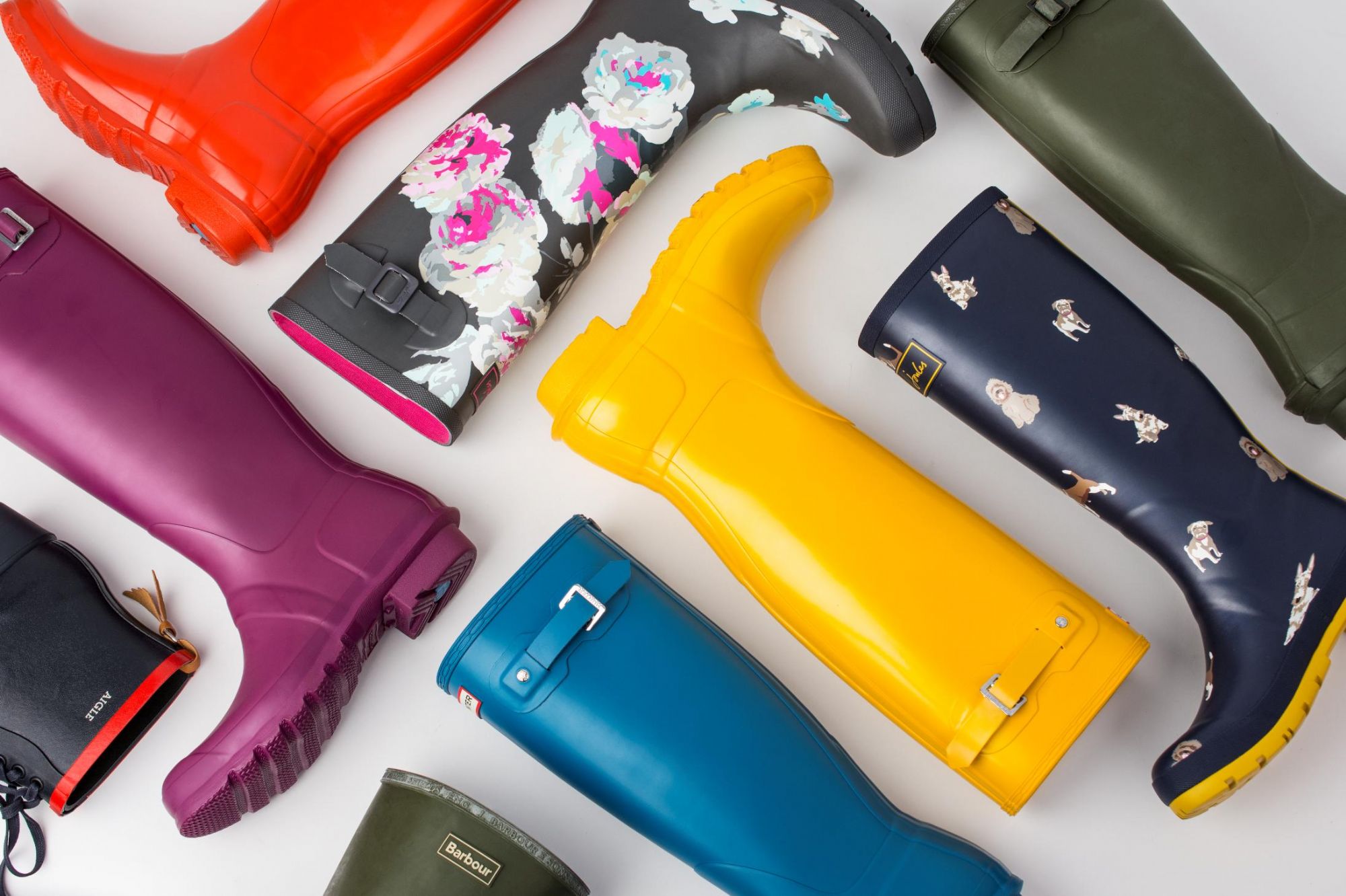house of bruar wellington boots aigle hunter joules arranged in grid