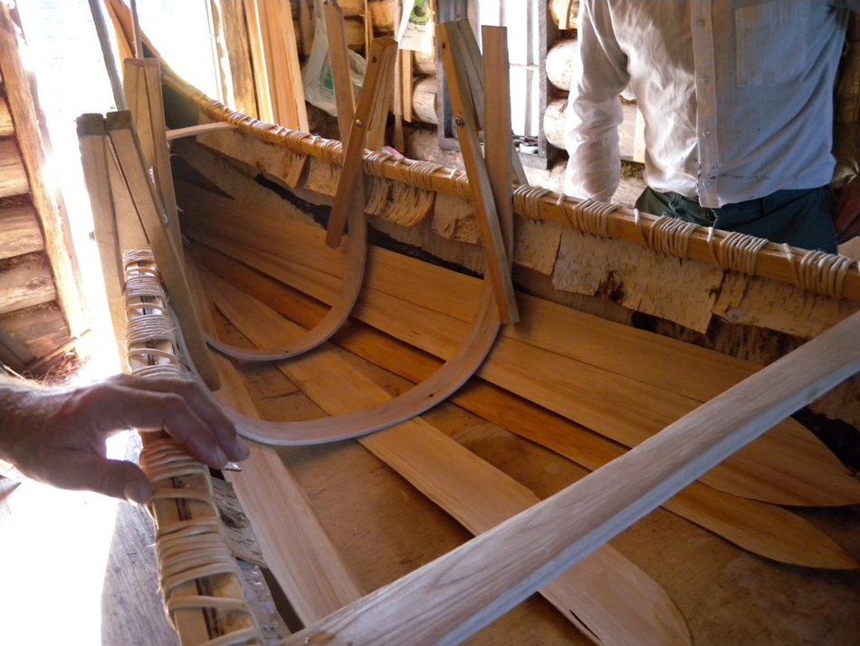 Natural birch canoe crafted by Tom Byers in Canada process