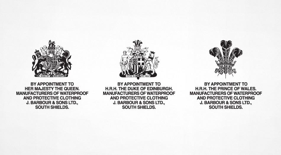 Barbour Royal Warrants Her Majesty The Queen, The Duke of Edinburgh and The Prince of Wales