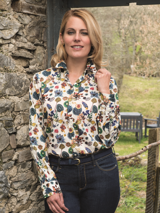 Sebago Liberty print House of Bruar exclusive blonde model wearing shirt