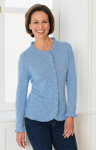 brunette model in spot print cashmere frill edge cardigan
