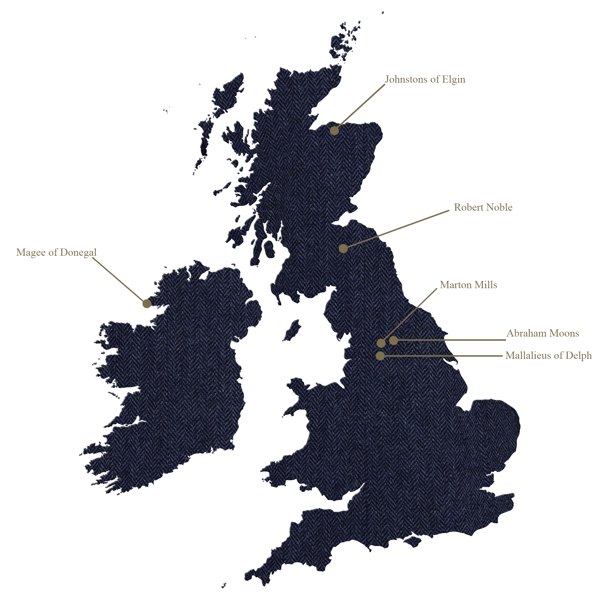 House of Bruar Navy Herringbone tweed map of British Mills
