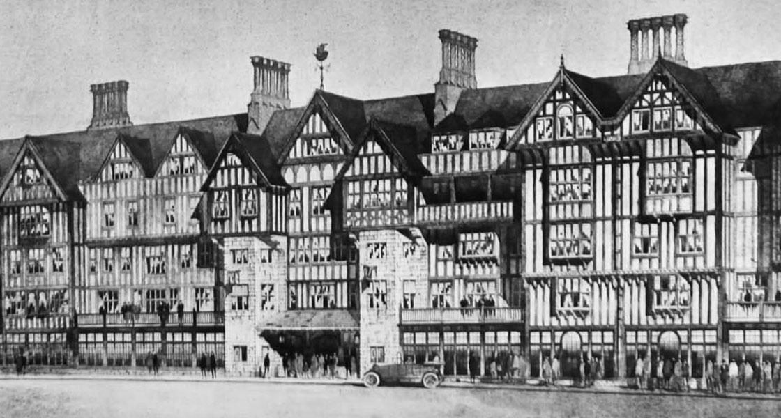 Liberty building historical watercolour tudor revival design
