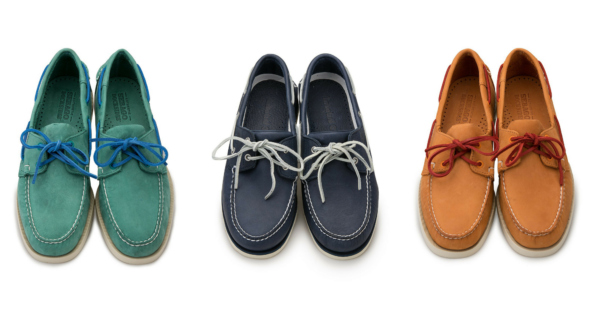 men's boat shoes from sebago and timberland in blue, navy and orange
