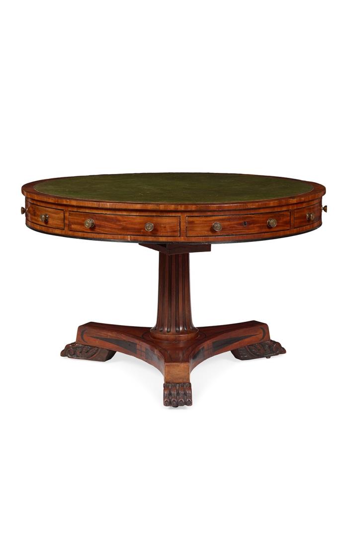 Regency Mahogany and Ebony Drum Library Table , Early 19th Century