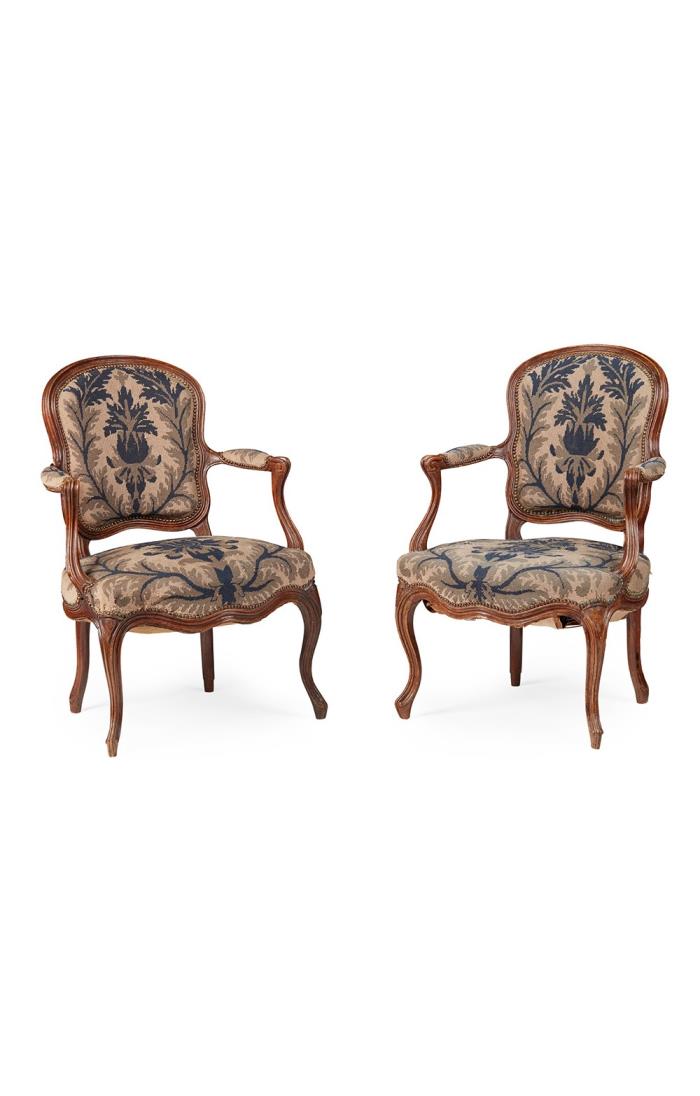 Pair Louis XV Walnut Needlework Fauteuils Mid 18th Century