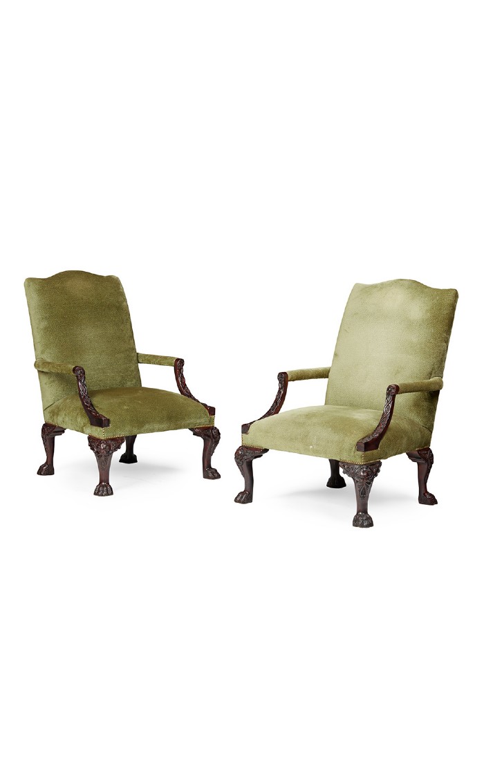 Pair George II Style Mahogany Gainsborough Armchairs Late 20th Century