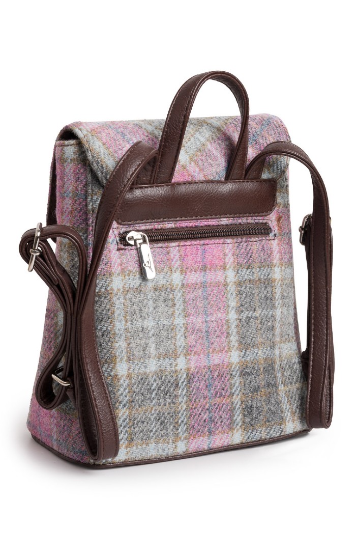 harris tweed tummel mini backpack with (COL139) This exquisite backpack is crafted with high quality materials such as tweed and leather Tummel Backpack Peach/Purple Tartan Peach/Purple