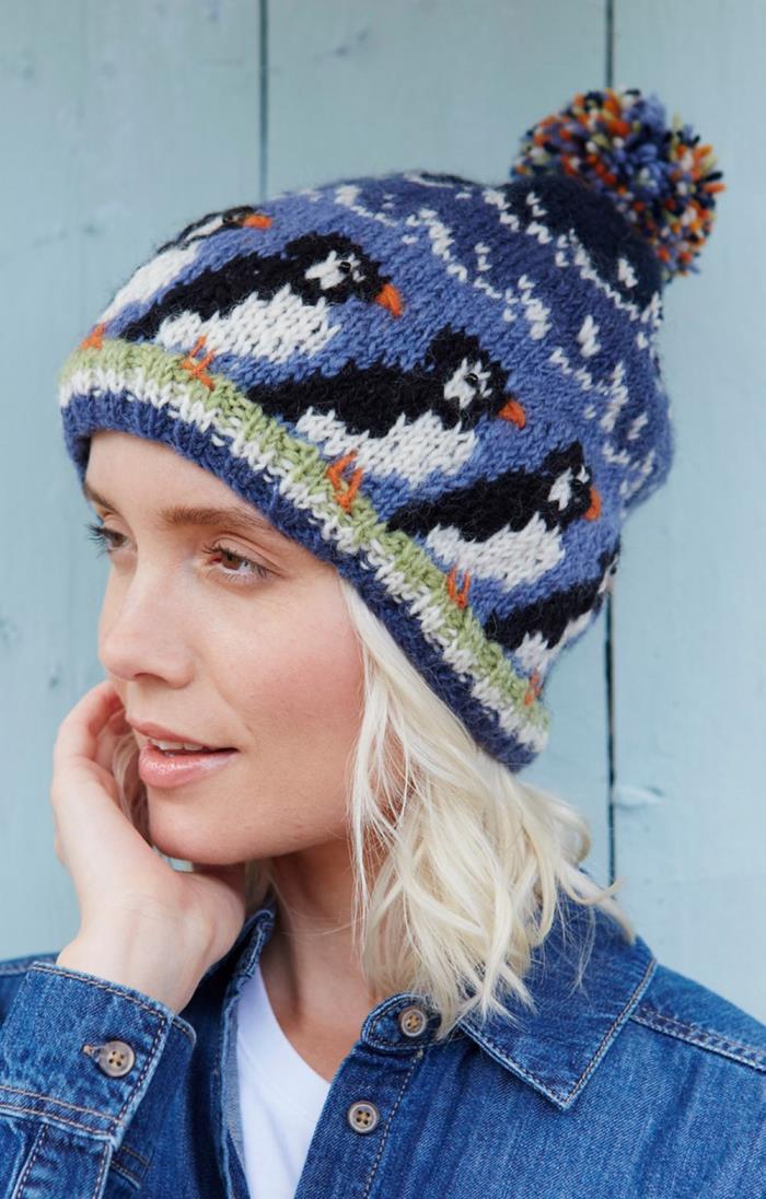 Ladies Pachamama Pure Wool Puffin Bobble Beanie Multi House of Bruar