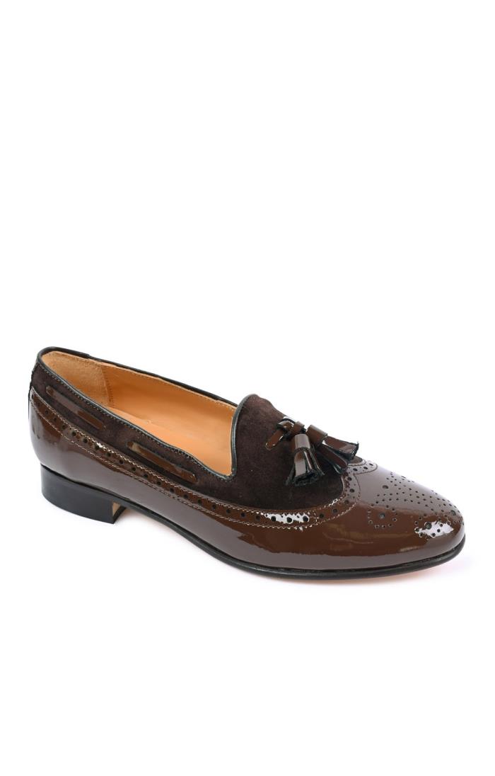 Ladies Patent and Suede Tassel Loafer, Brown - House of Bruar