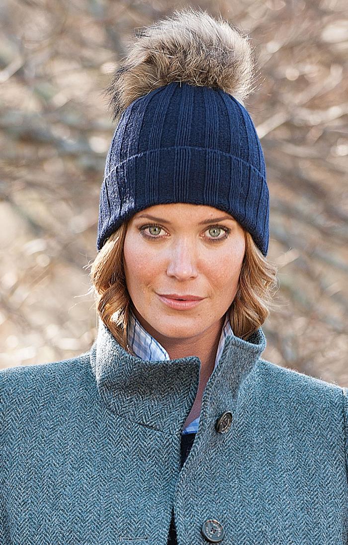 ladies navy pom pom hat
