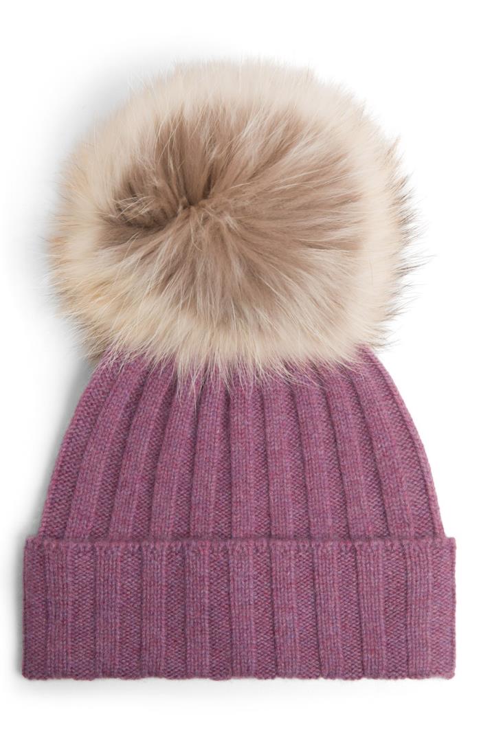 Ladies Cashmere Hat with Fox Fur Pom Pom