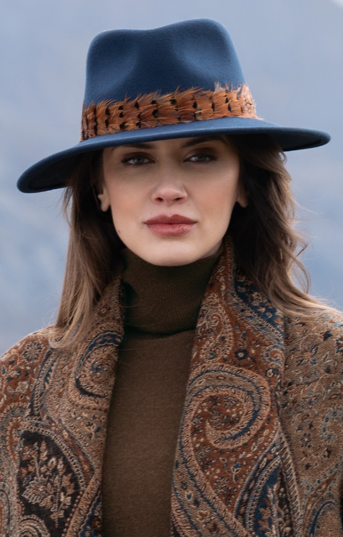 Ladies Feather Band Felt Fedora, Navy - House of Bruar display picture 3
