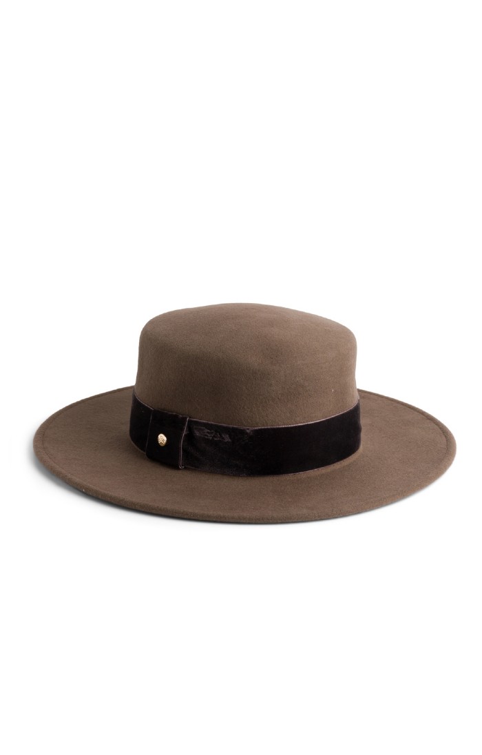 Ladies Velvet Trim Wool Felt Boater Hat Brown House of Bruar