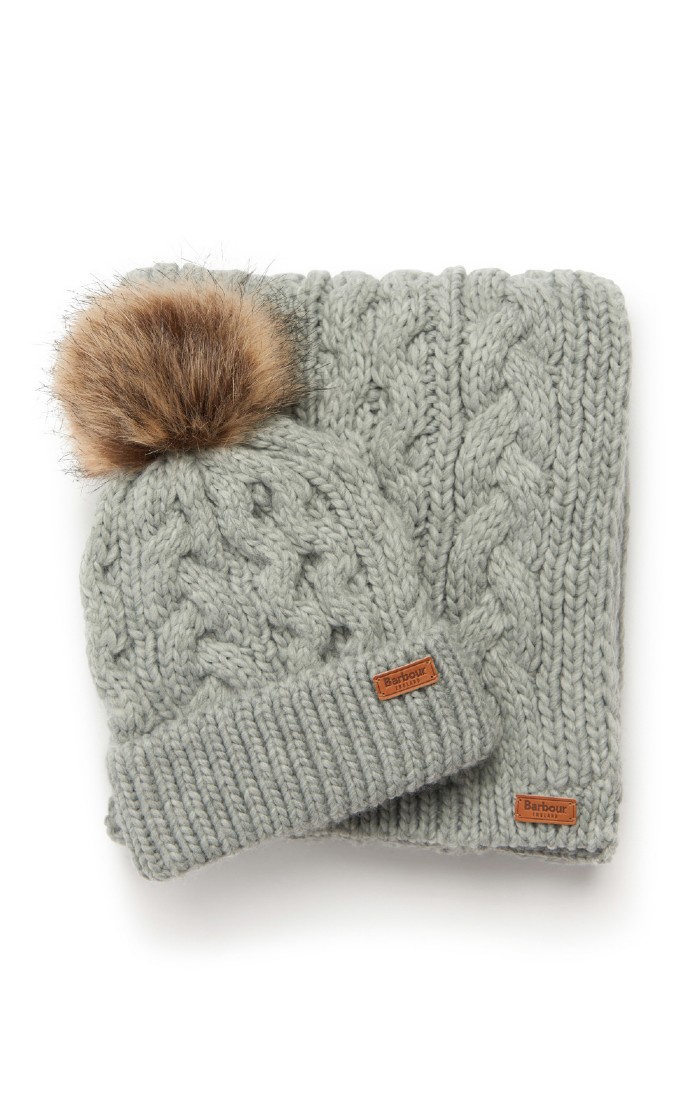 Ladies Barbour Penshaw Cable Knit Beanie and Scarf Gift Set, Grey