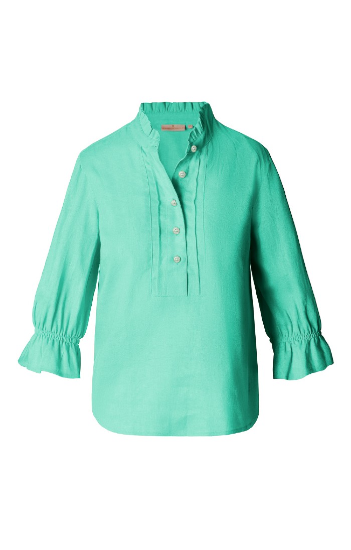 Ladies Frilled Three Quarter Sleeve Linen Shirt, Blue House of Bruar