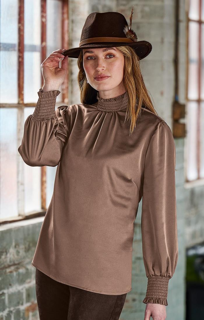 brown high neck blouse