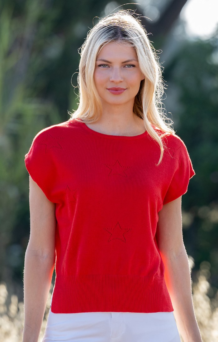 Ladies Marble Sleeveless Star Knit Top, Red House of Bruar
