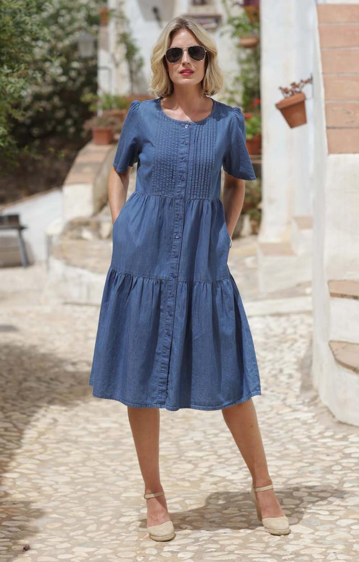 Ladies Pomodoro Denim Pintuck Dress - House of Bruar