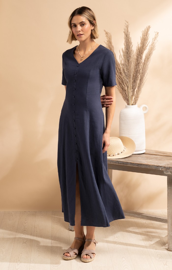 french linen dart midi dress Women's Petite Linen Midi Dart-Waist Dress (Cashew/Cream) (Size: LP)