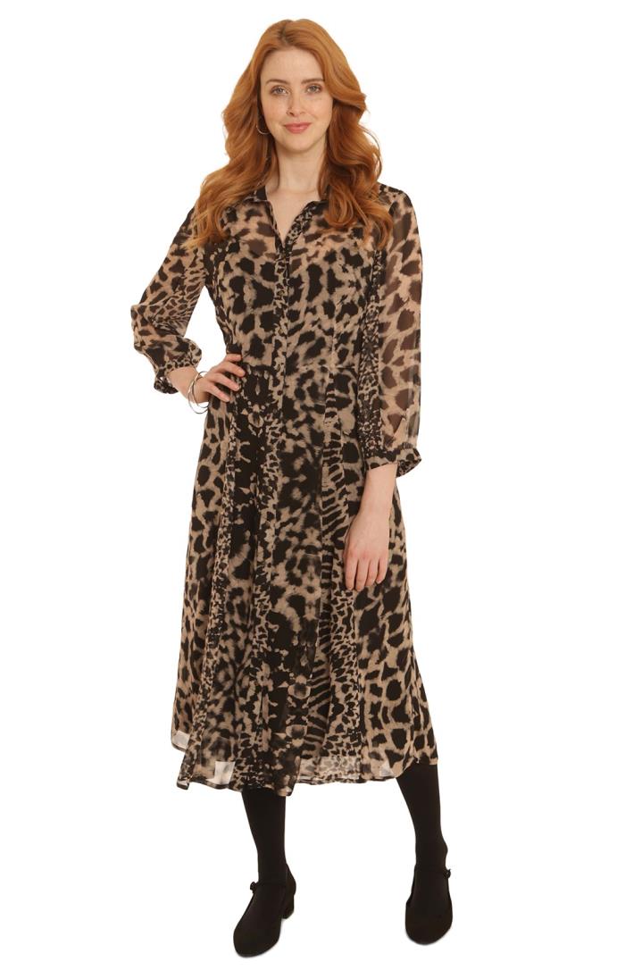 Pomodoro Leopard Jersey Dress With Zip Neck Black/grey