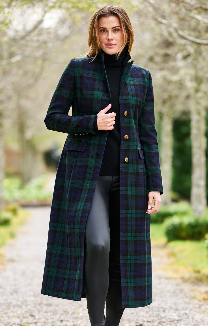 Ladies Single Breasted Full Length Tartan Coat Black House of Bruar