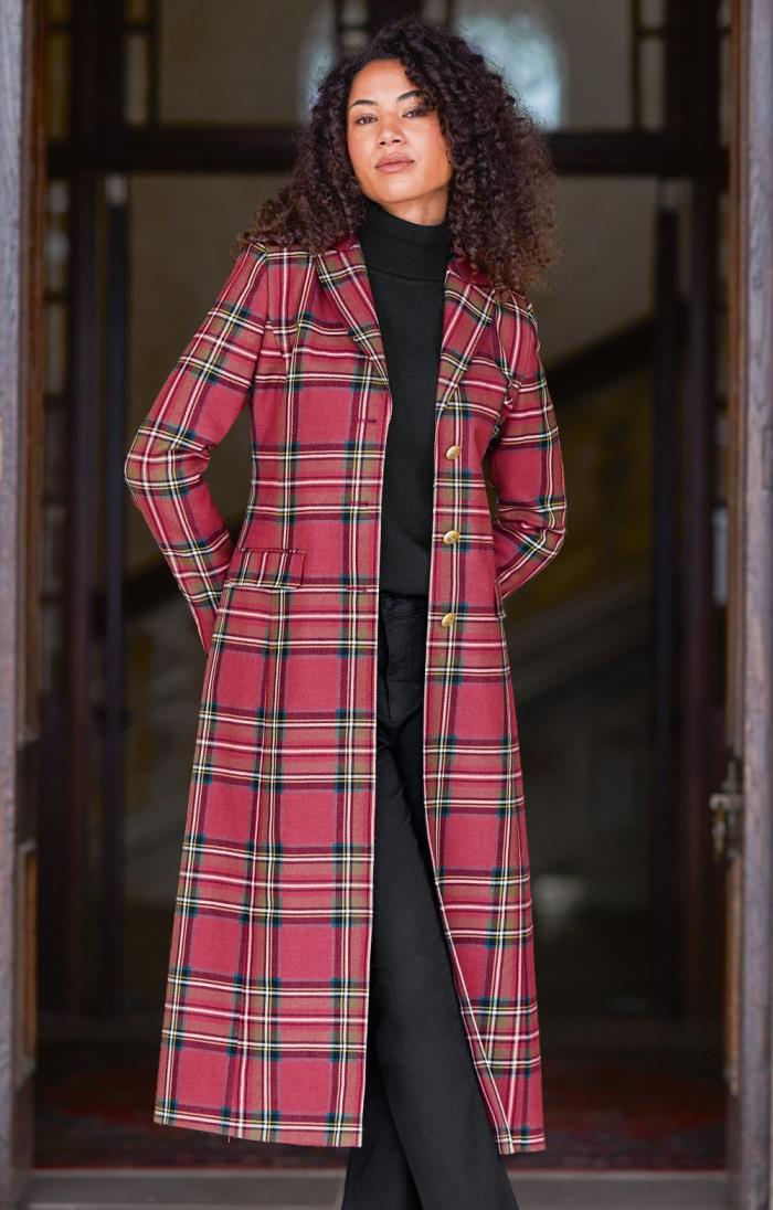 Ladies Single Breasted Full Length Plaid Coat