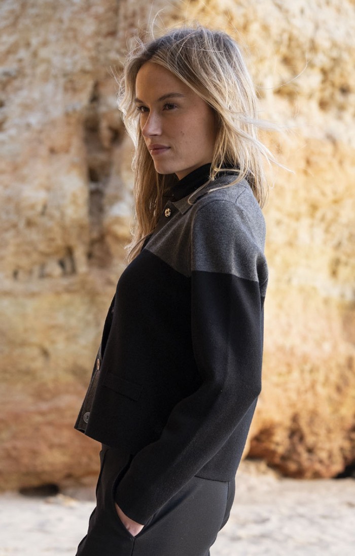Ladies Marble Contrast Panel Knit Jacket, Grey - House of Bruar