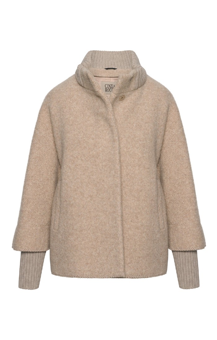Ladies Cinzia Rocca Alpaca Wool Knit-Trim Short Coat, Natural