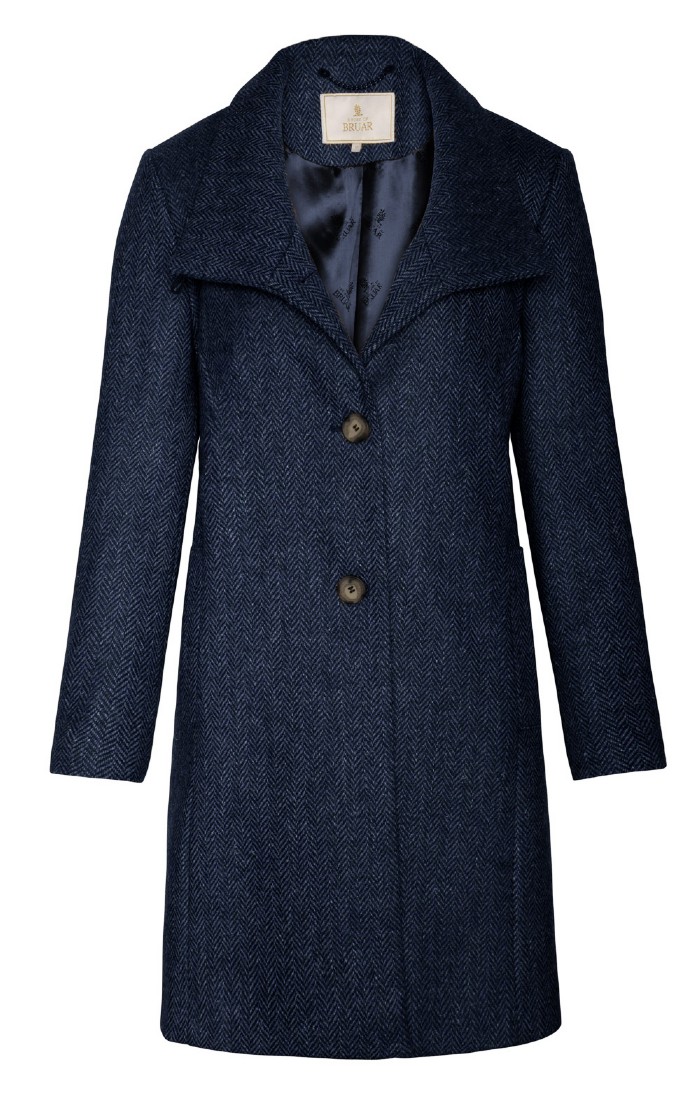Ladies Herringbone Tweed Funnel Coat, Navy House of Bruar