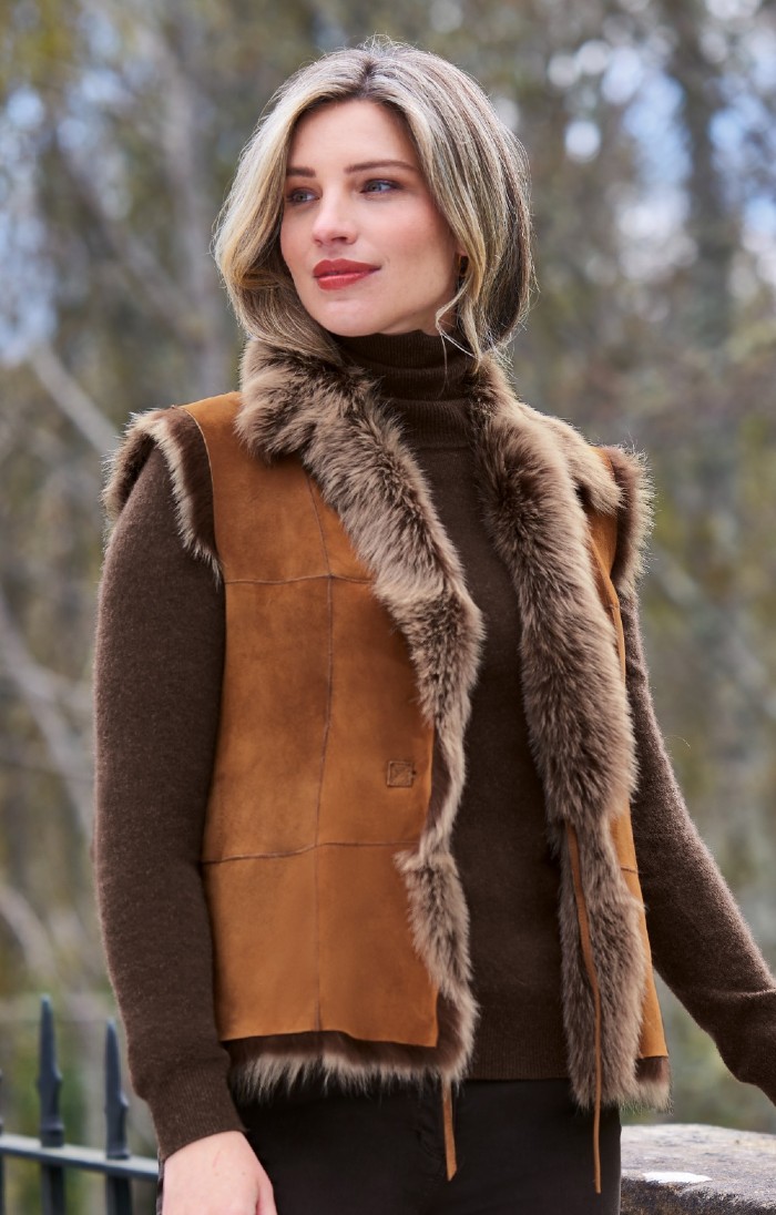 Ladies Lambskin Gilet, Brown - House of Bruar