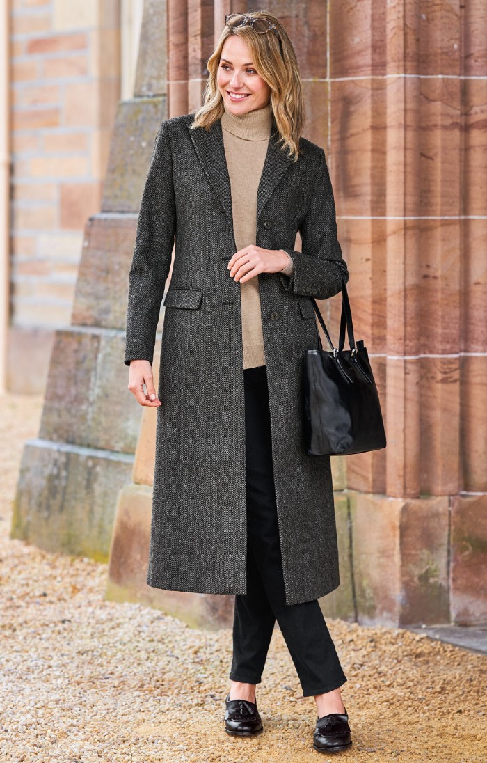 Single Breasted Full-Length Tweed Coat