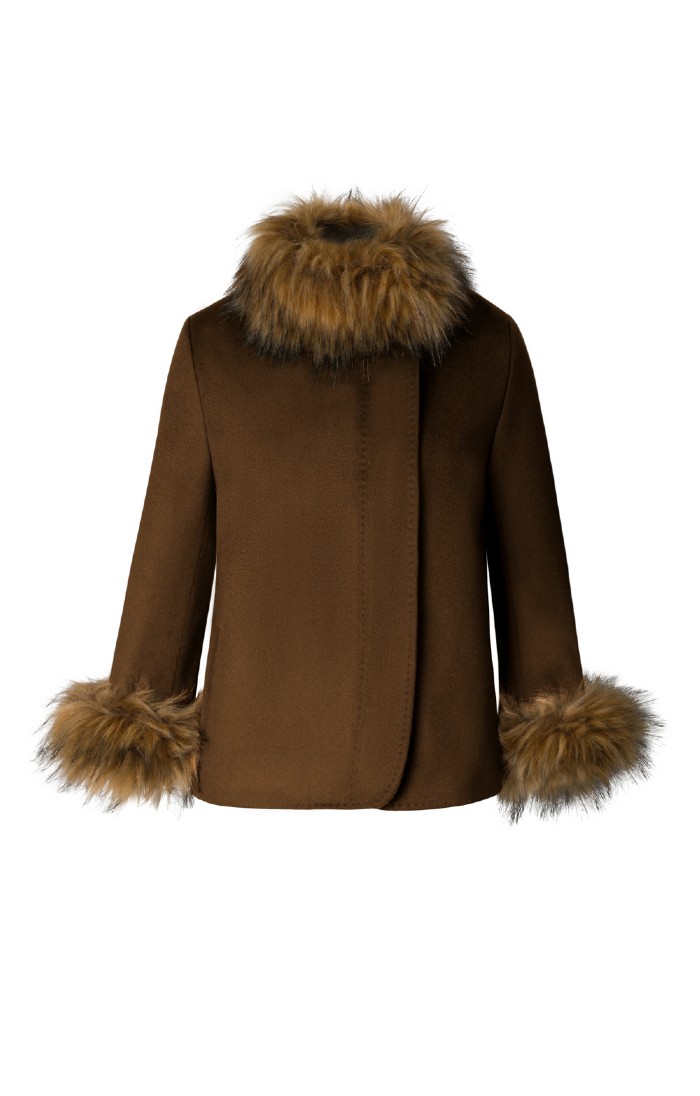 Ladies Wool Cashmere Faux Fur Trim Coat