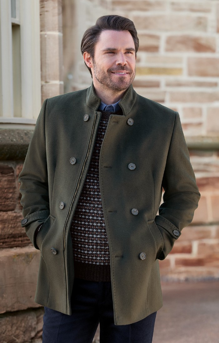 Men's Wool Cashmere Faux Double Breasted Coat, Green - House of Bruar
