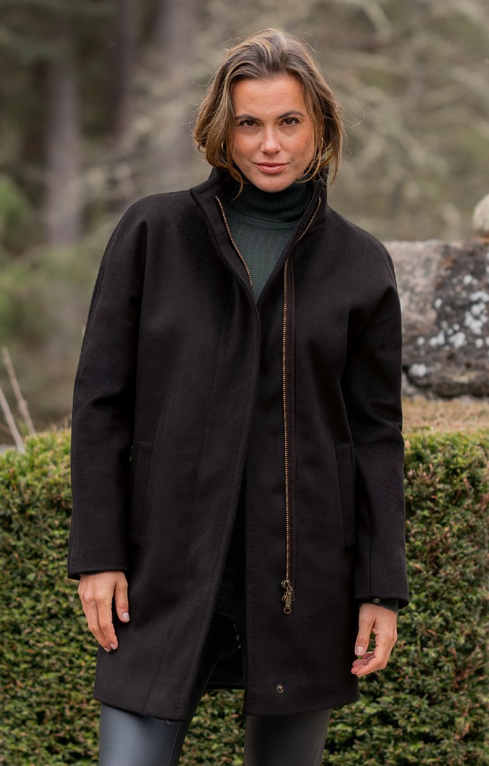 Ladies Wool Cashmere Zip Coat, Black - House of Bruar