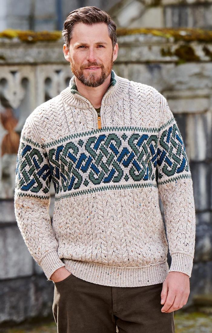 Charvet by Ballantyne ニット arnys herill Mens Celtic Aran T Zip, Green - House of Bruar