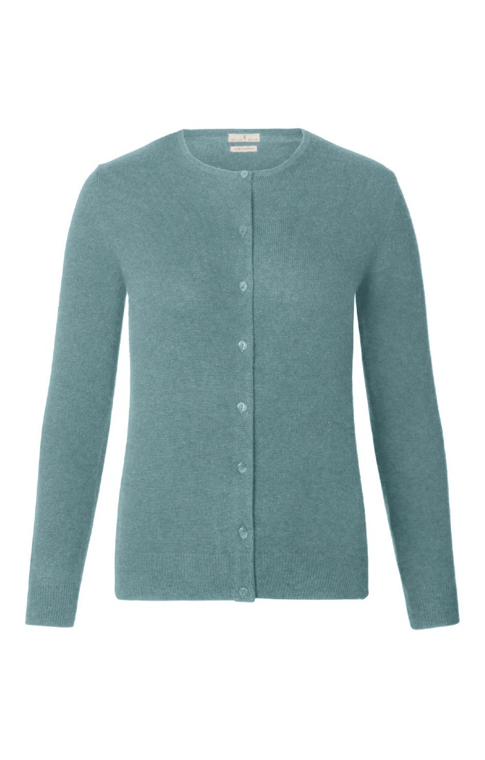 Ladies Cashmere 2 Ply Crew Cardigan, Black, Grey - House of