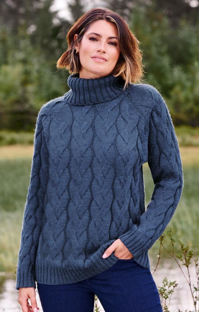 Ladies Pure New Wool Cable Knit Roll Neck