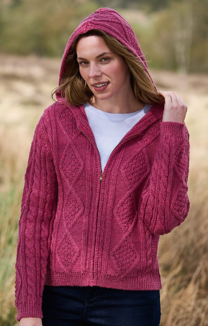 Ladies Aran Cable Knit Hoodie Pink House of Bruar
