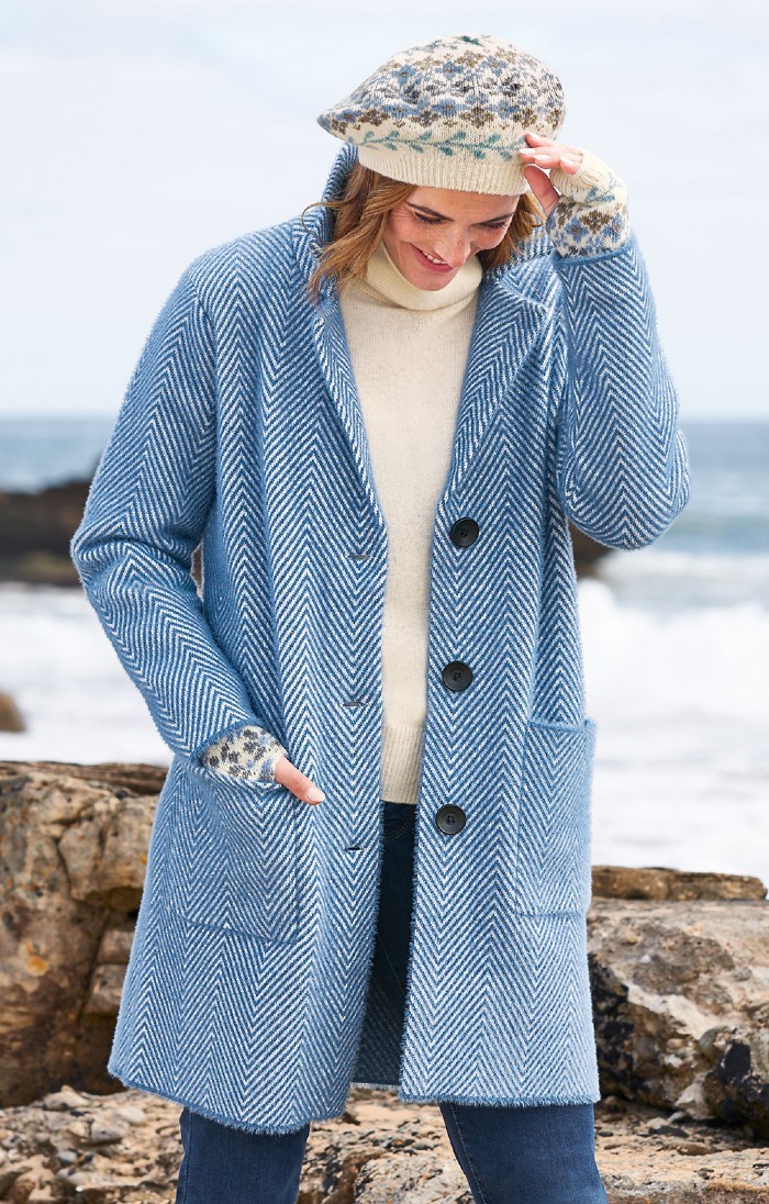 Blue herringbone coat on sale