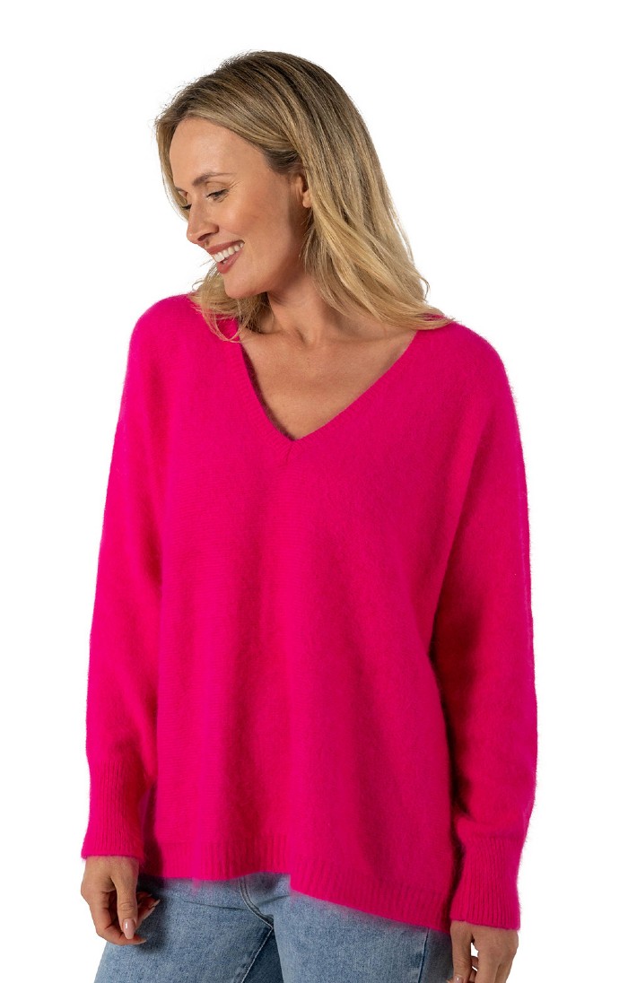 Ladies Angora Mix V Neck Dolman Sleeve Sweater Pink House of Bruar