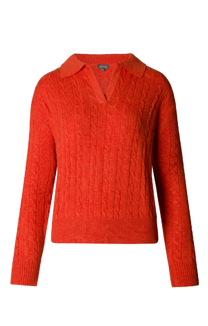 Ladies Mac Lambswool Cashmere Cable Shirt Neck Jumper Red House of Bruar