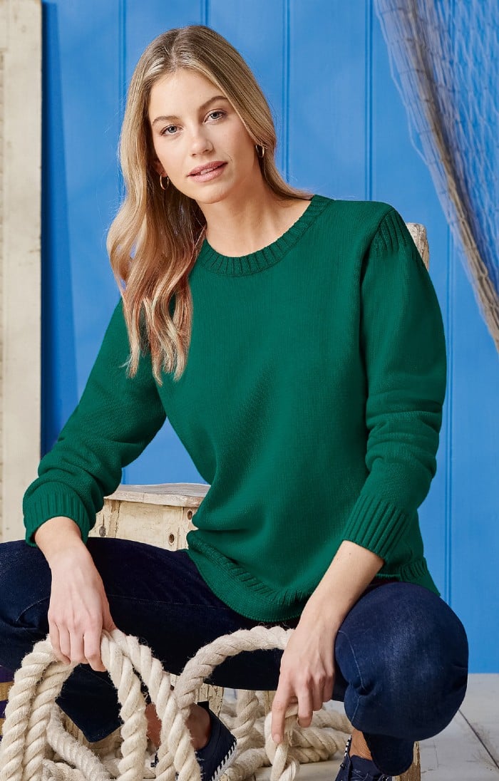 Ladies Cotton Guernsey Sweater 5gg, Green - House of Bruar